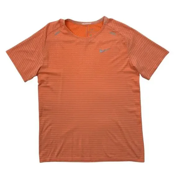 Nike Running T Shirt Mens L Large Salmon Striped Dri Fit Crew Neck Performance - Picture 1 of 9